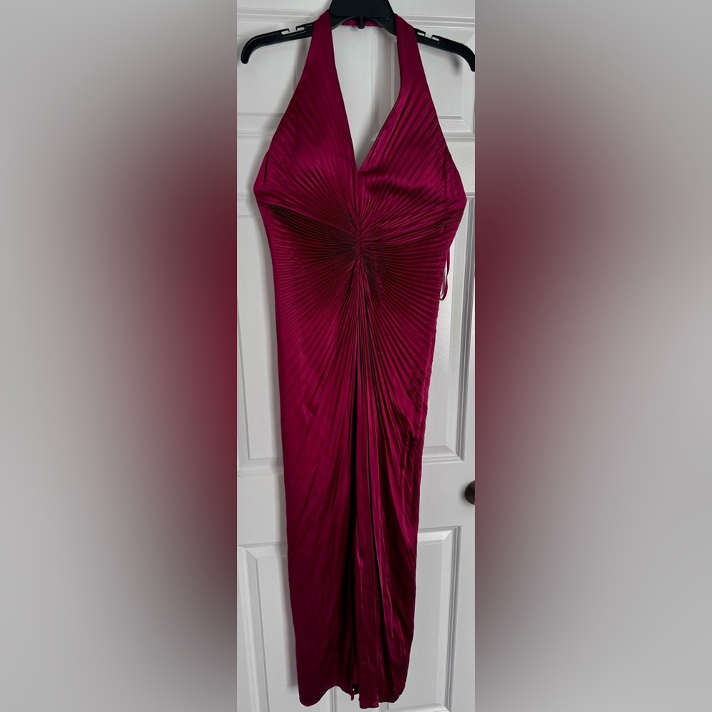 Carmen Marc Valvo Brick colored silk lined knife pleated halter dress.